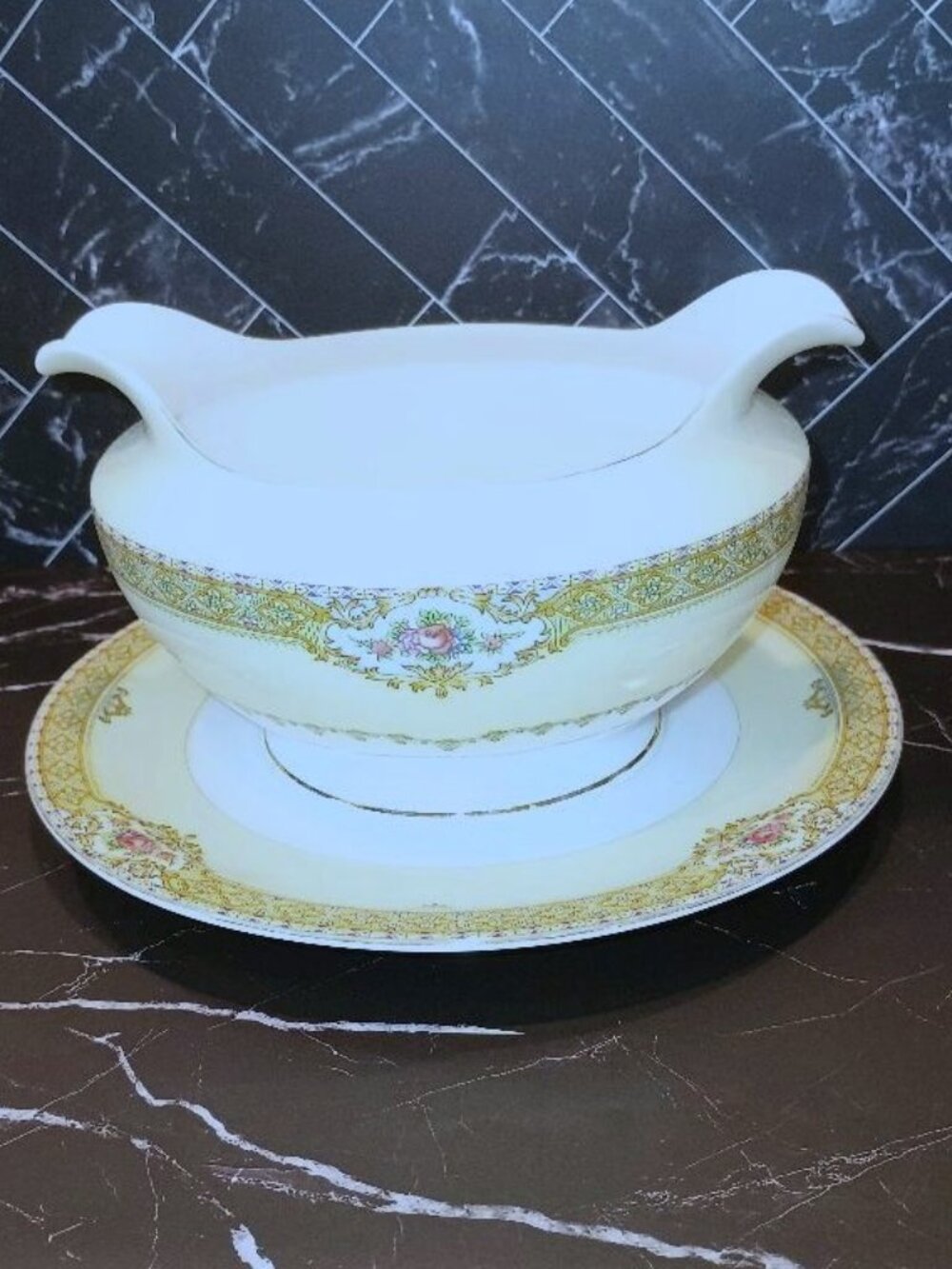 Vintage Royal Embassy Akron Gravy Boat Porcelain Gold Trim Floral China 1930s